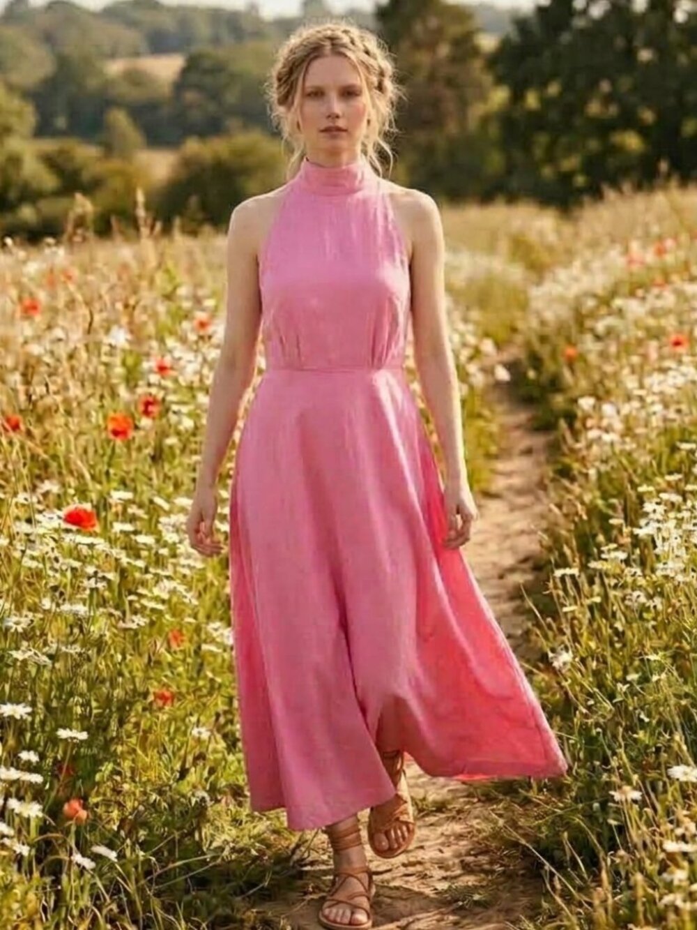 Ralph Lauren Vintage Pink Flowy Flare Midi Dress Sleeveless Size 4 Made in USA